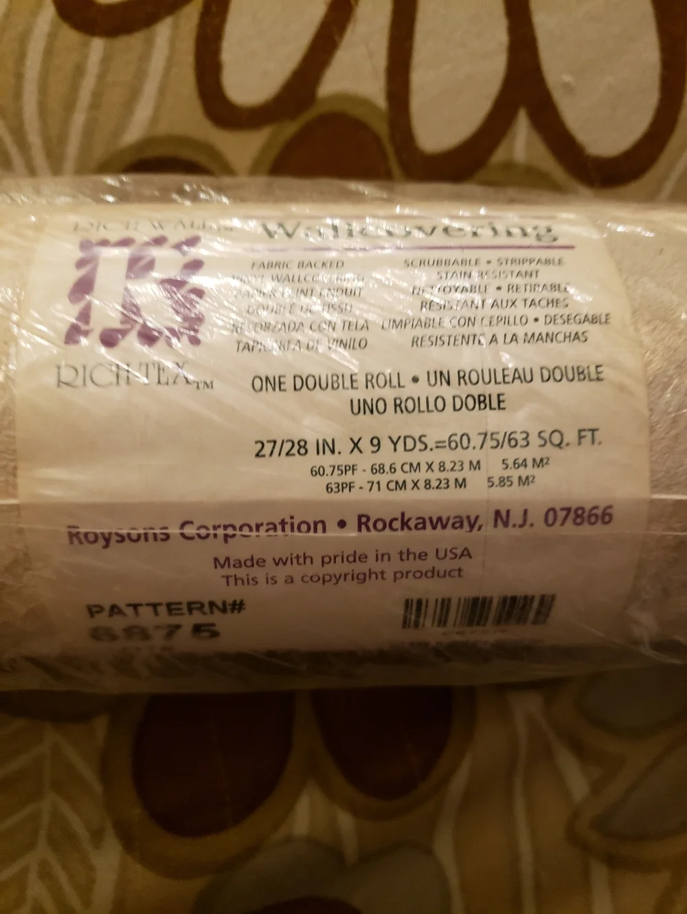 NOS Vtg Rich-Wall Fabric Backed Vinyl Wallpaper Pat.#6875- 1 Wrapped Dbl + 11.5'